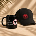 Pack Défense de toucher : mug magique noir « L’Art au service de la Nature » et casquette noire à l’emblème rouge
